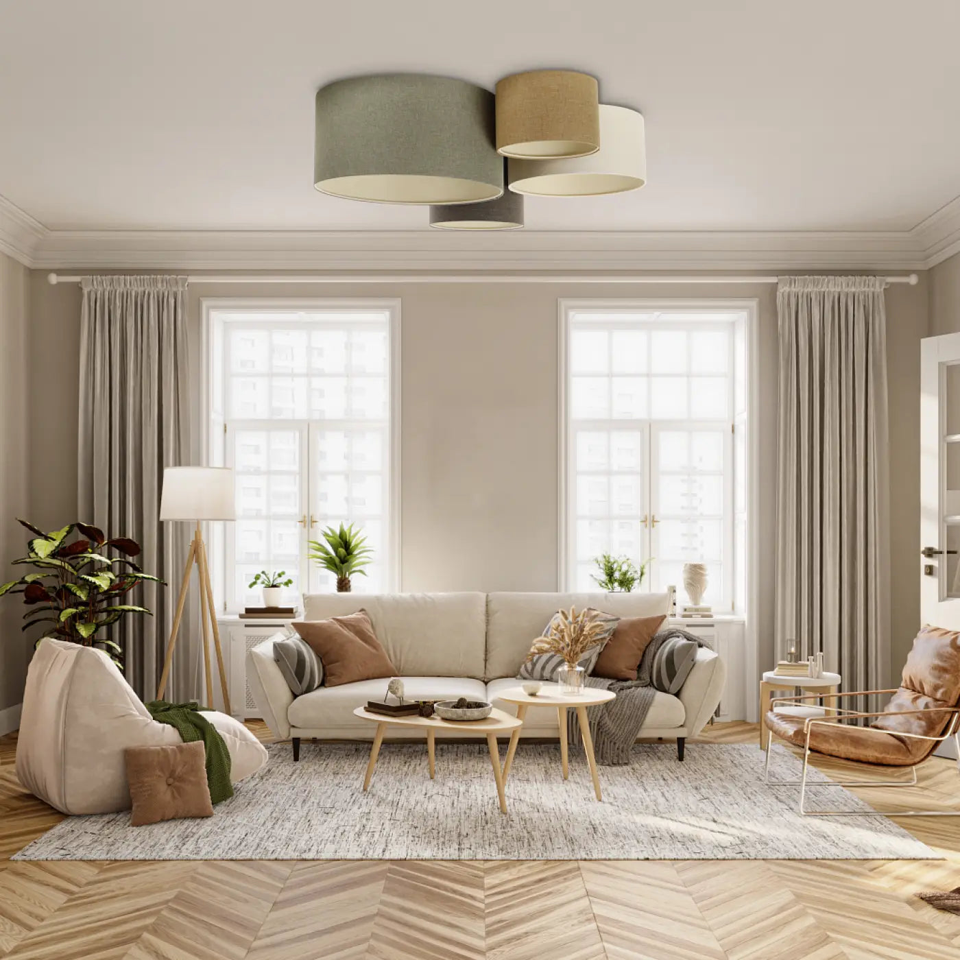 Luminaire Plafonnier Design en Tissu - 4Flames Boho Elegant (Vert Gris/Graphite/Jaune Moutarde/Crème/Ecru)