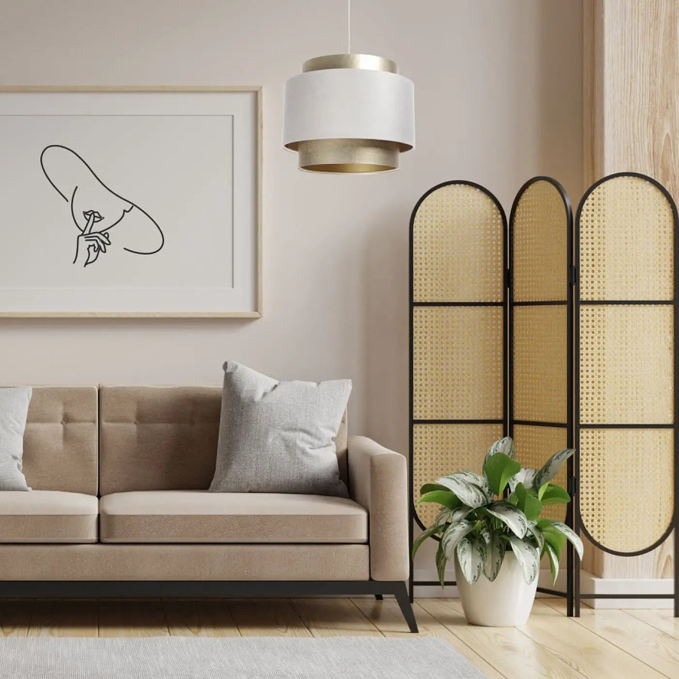 Suspension Luminaire en Tissu - Doblo (Crème/Doré)