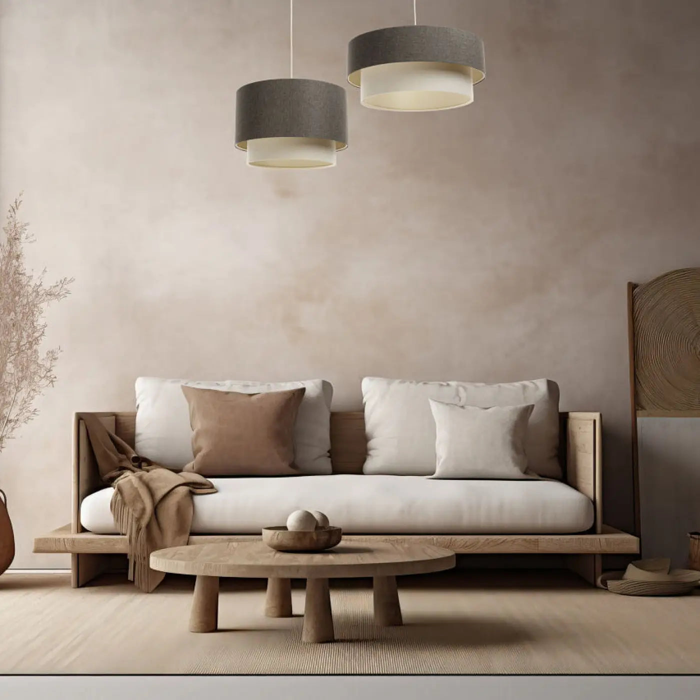 Suspension Luminaire Chic en Tissu - Duo Boho Elegant (Graphite/Crème/Ecru)
