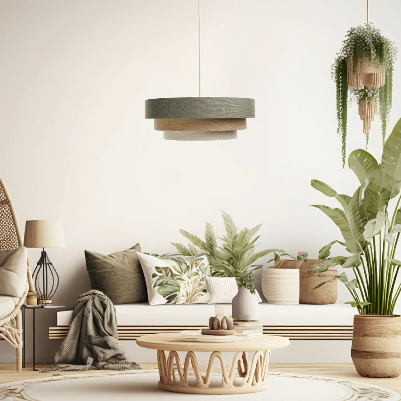 Suspension Luminaire Moderne - Triniti Boho Elegant (Vert Gris/Crème/Beige)