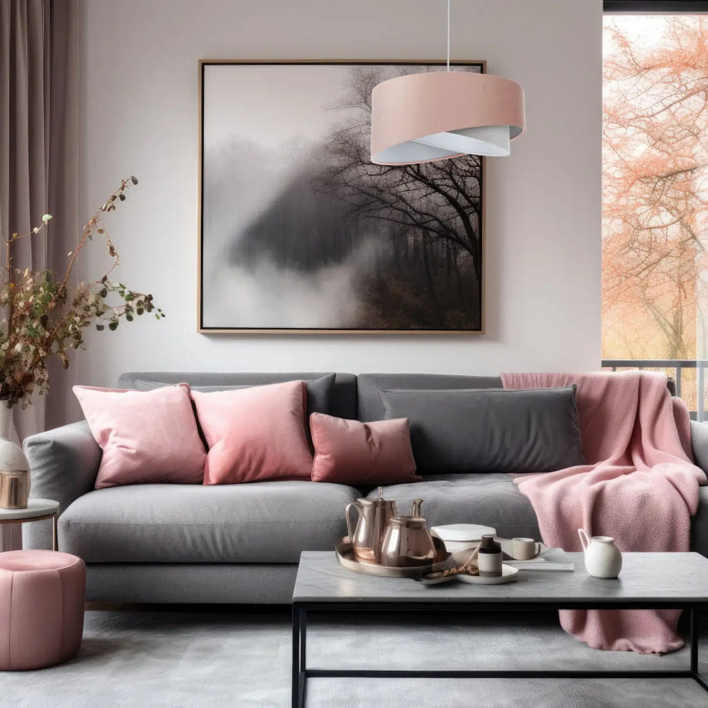 Suspension Luminaire Moderne en Tissu - Galaxy Jasmin (Rose/Gris/Gris Clair)