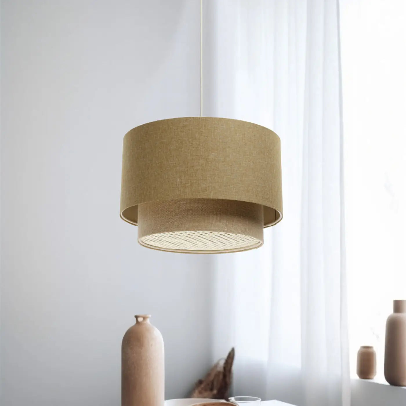 Suspension Luminaire en Rotin - Duo Rotin (Jaune/Beige/Ecru)