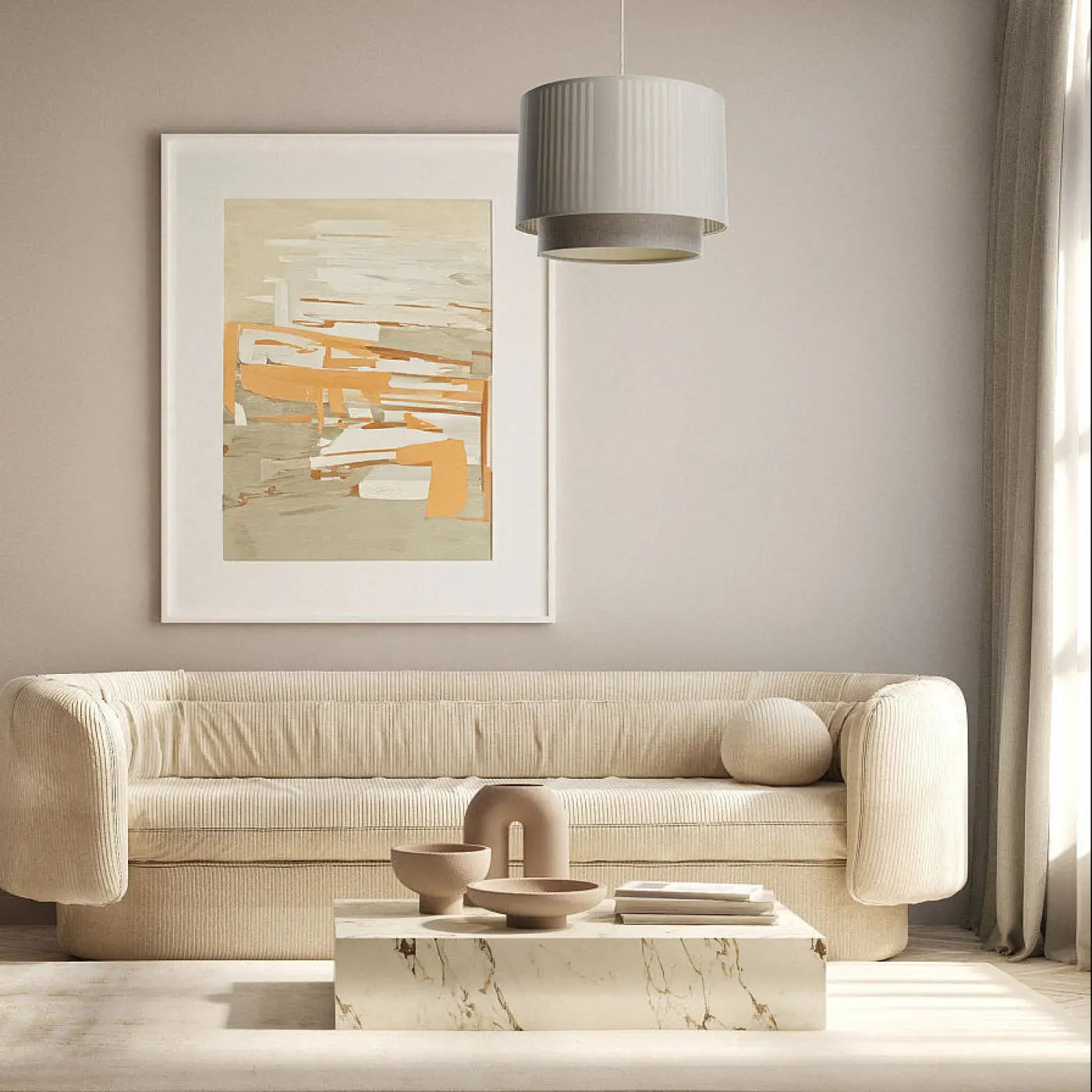 Suspension Luminaire Moderne en Tissu - Duo Lami Line (Beige/Ecru)