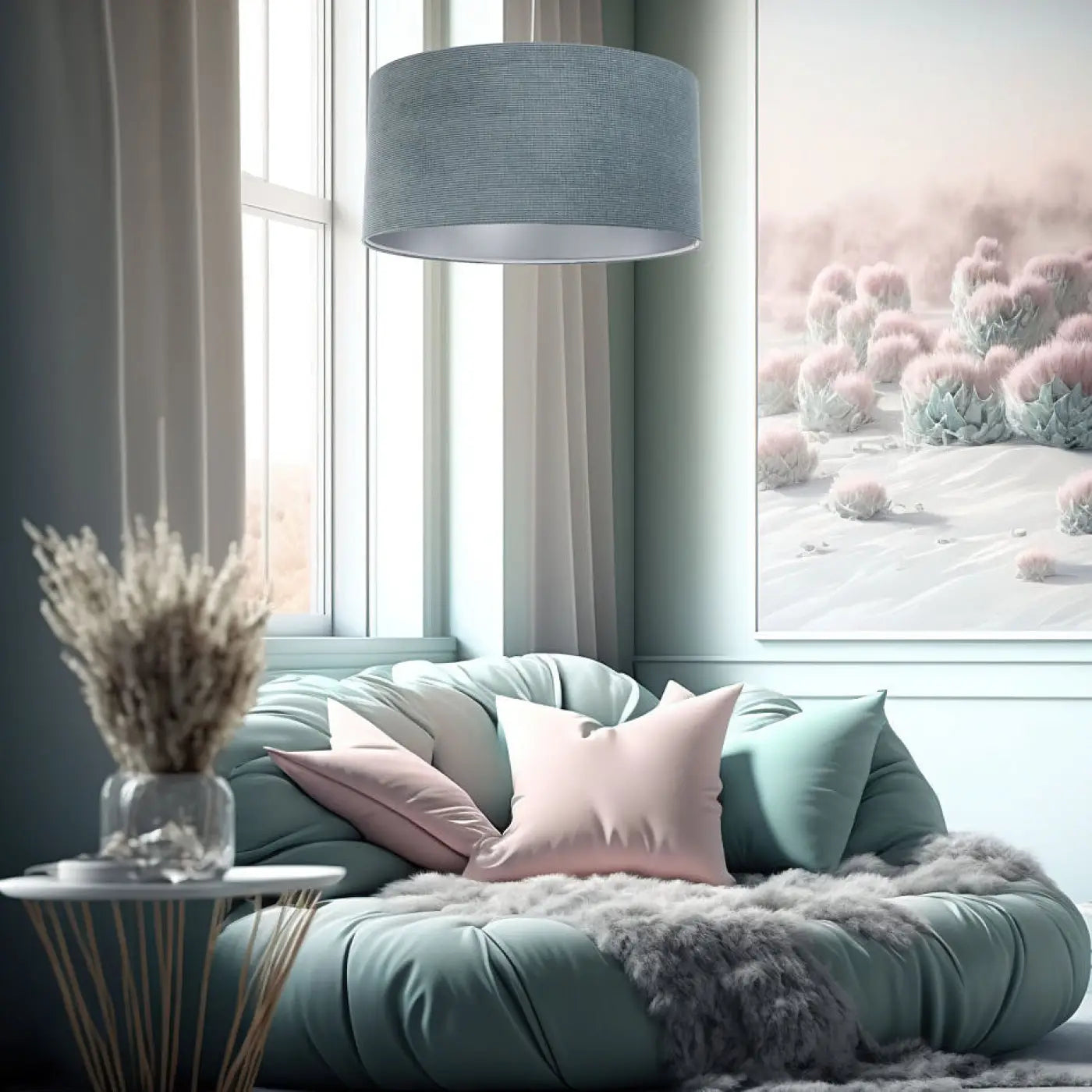 Suspension Luminaire Moderne en Tissu - Glamour Structural Velour (Bleu Gris/Argent)