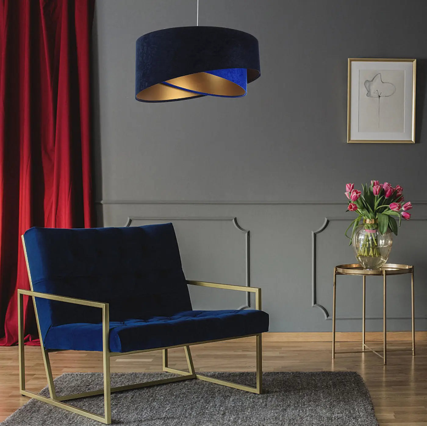 Suspension Luminaire Chic en Tissu - Galaxy Velour 50 Cm (Bleu Marine/Bleu Indigo/Doré)