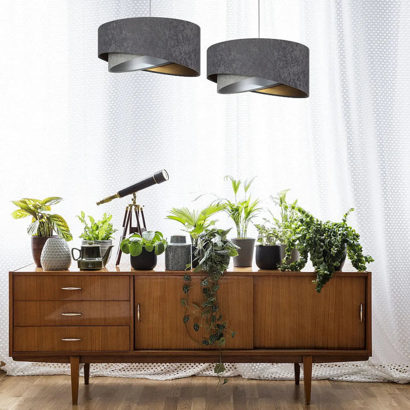 Suspension Luminaire Chic en Tissu - Galaxy Velour 50 Cm Gris  (Graphite/Gris/Doré/Argent)