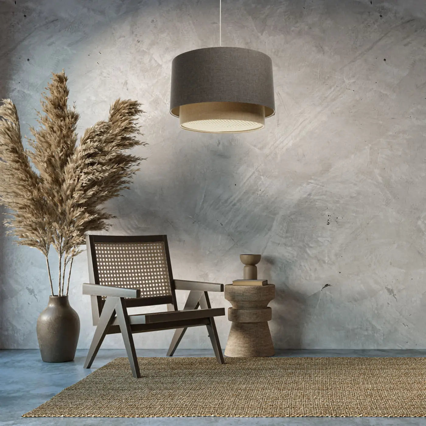 Suspension Luminaire en Tissu - Duo Rattan (Graphite/Beige)