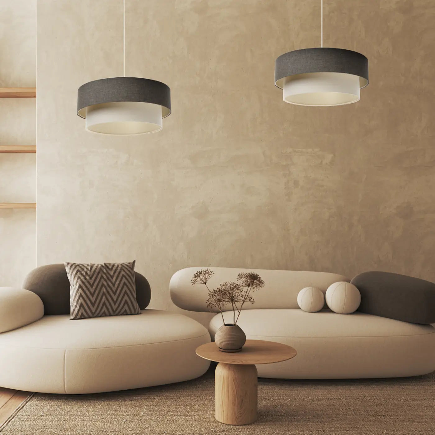 Suspension Luminaire Moderne en Tissu - Duo Boho Elegant (Graphite/Crème/Ecru)