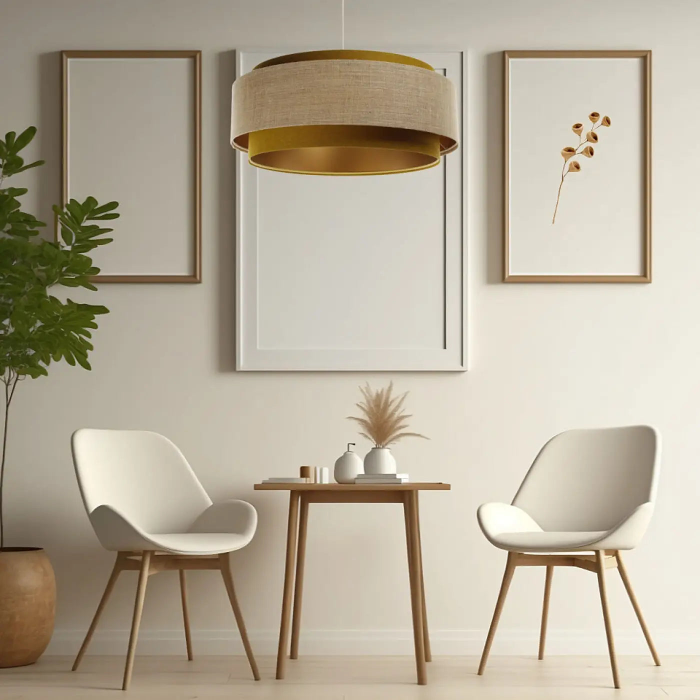 Suspension Luminaire Chic en Tissu - Doblo Classic (Moutarde /Beige/Doré)