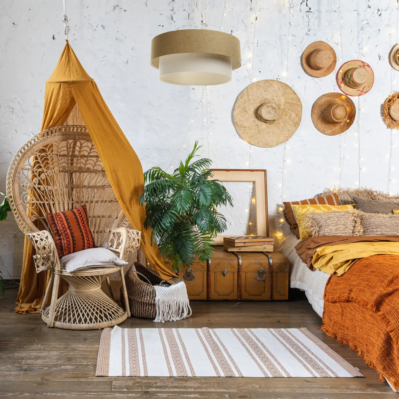 Suspension Luminaire Moderne en Tissu - Duo Boho Elegant (Moutarde/Crème/Ecru)