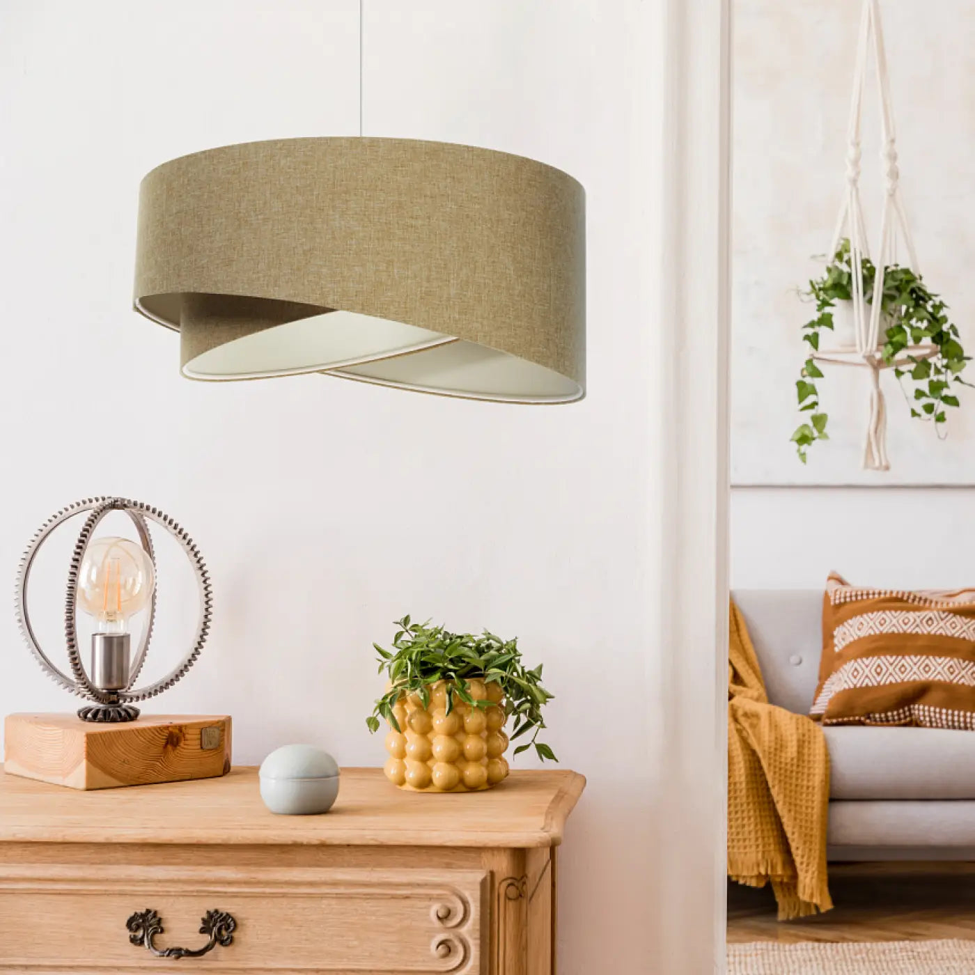 Suspension Luminaire Design en Tissu - Galaxy Boho Elegant (Moutarde/Ecru)