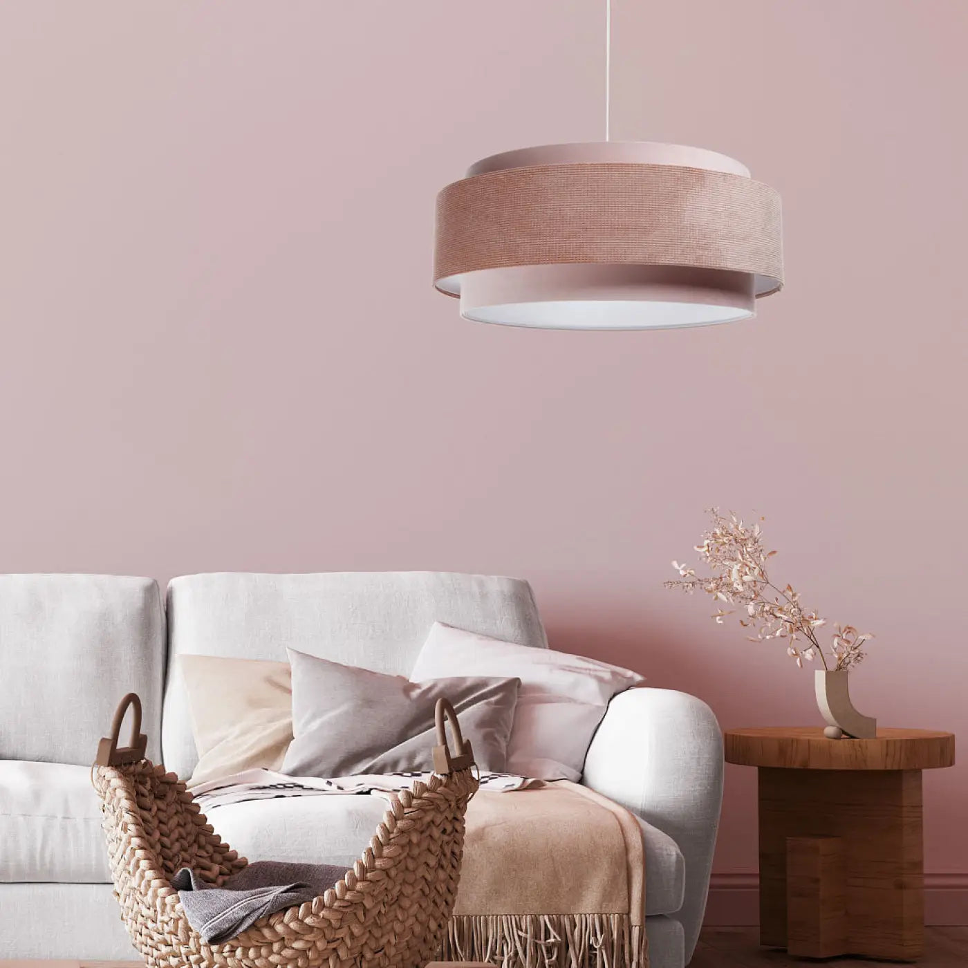 Suspension Luminaire Chic en Tissu - Doblo Classic (Rose Pâle/Blanc)