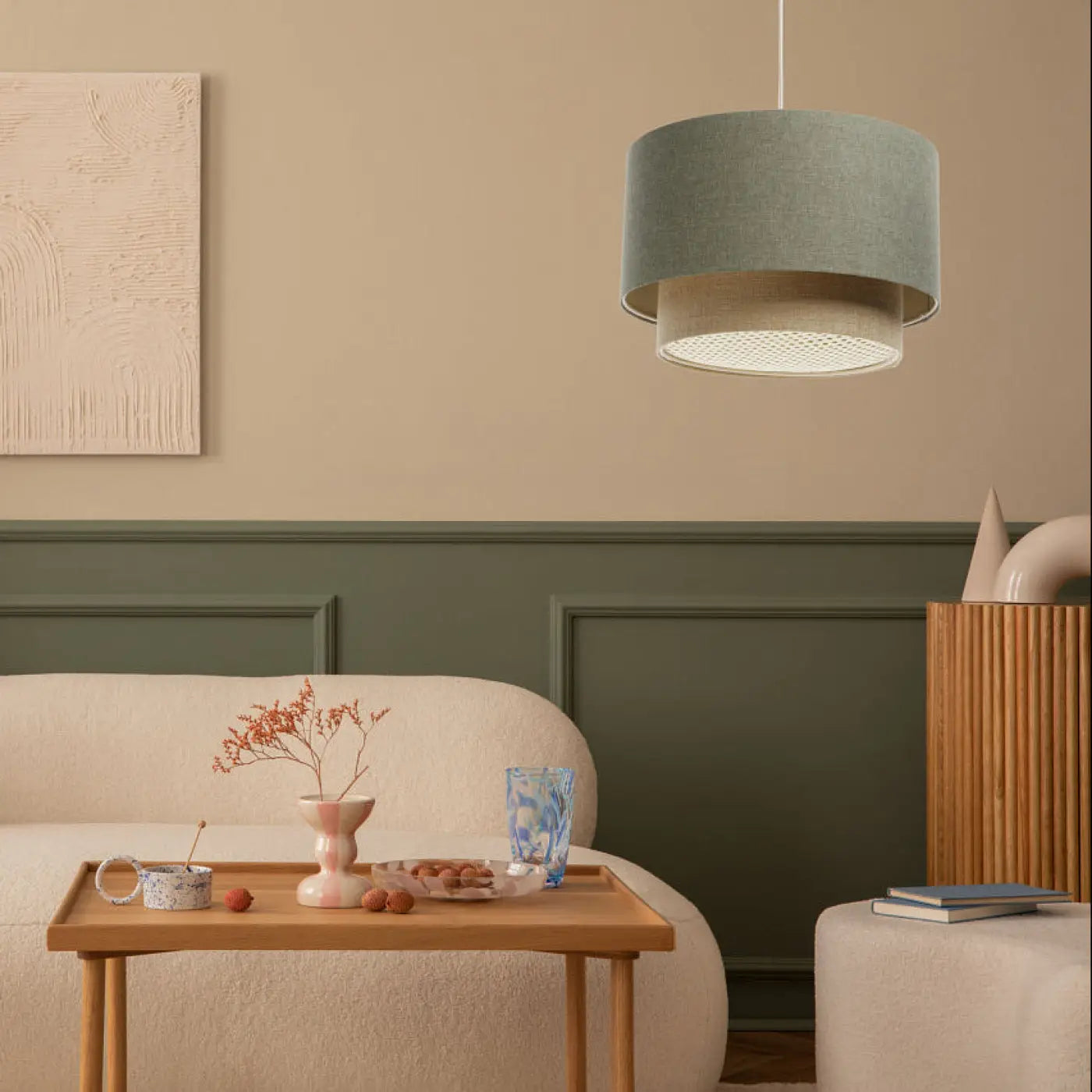 Suspension Luminaire en Tissu - Duo Rattan (Vert Gris/Beige/Ecru)