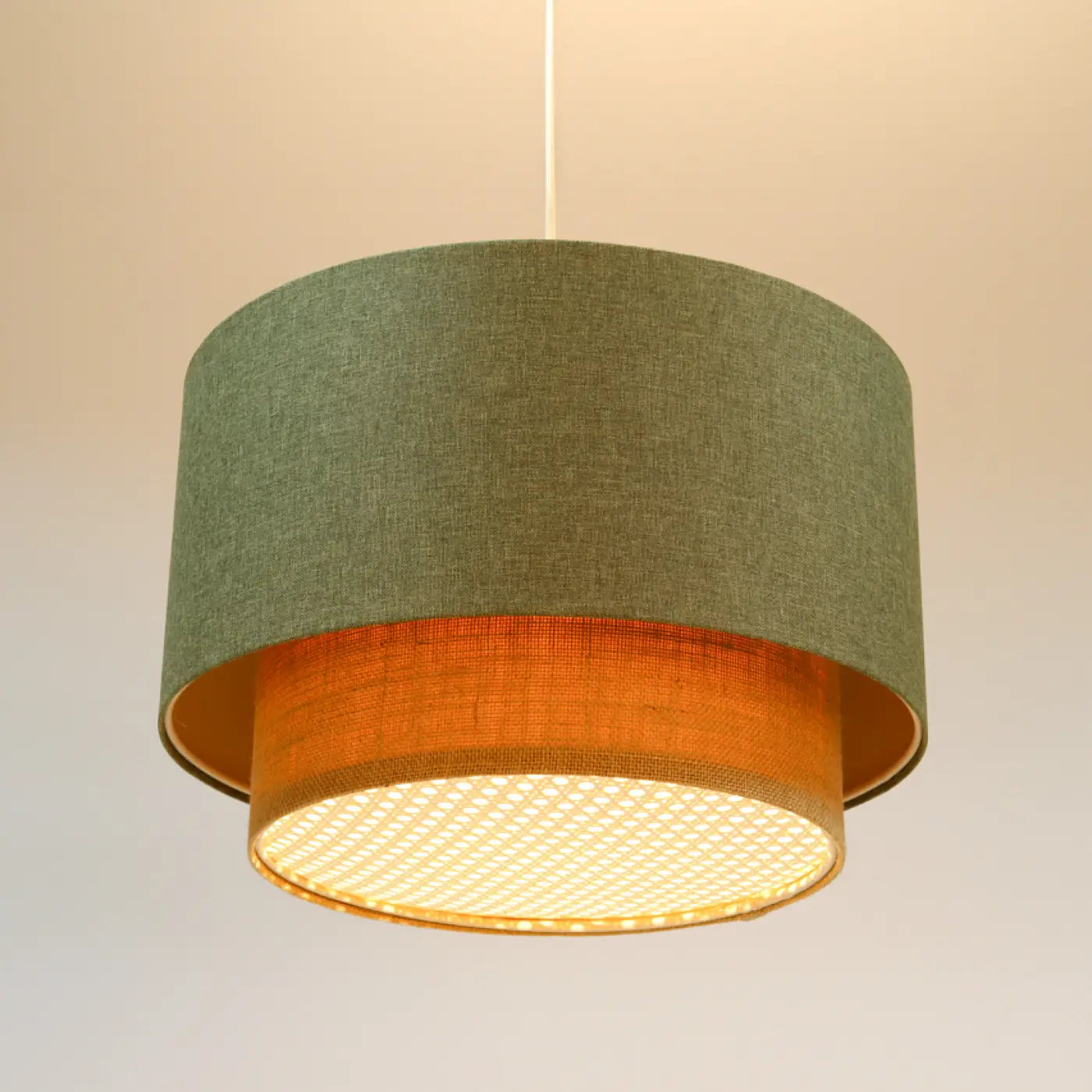 Suspension Luminaire en Tissu - Duo Rattan (Vert Gris/Beige/Ecru)