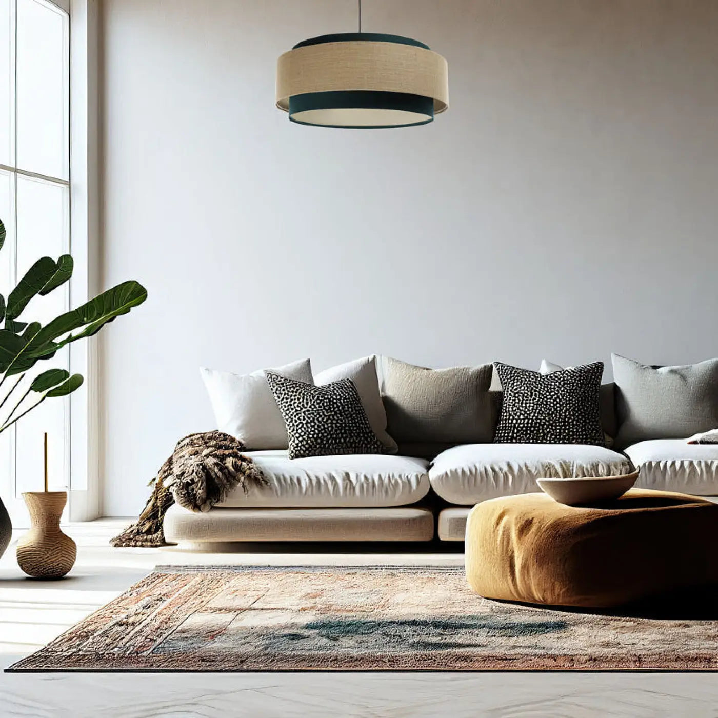 Suspension Luminaire Chic en Tissu - Doblo Classic (Vert /Beige/Ecru)