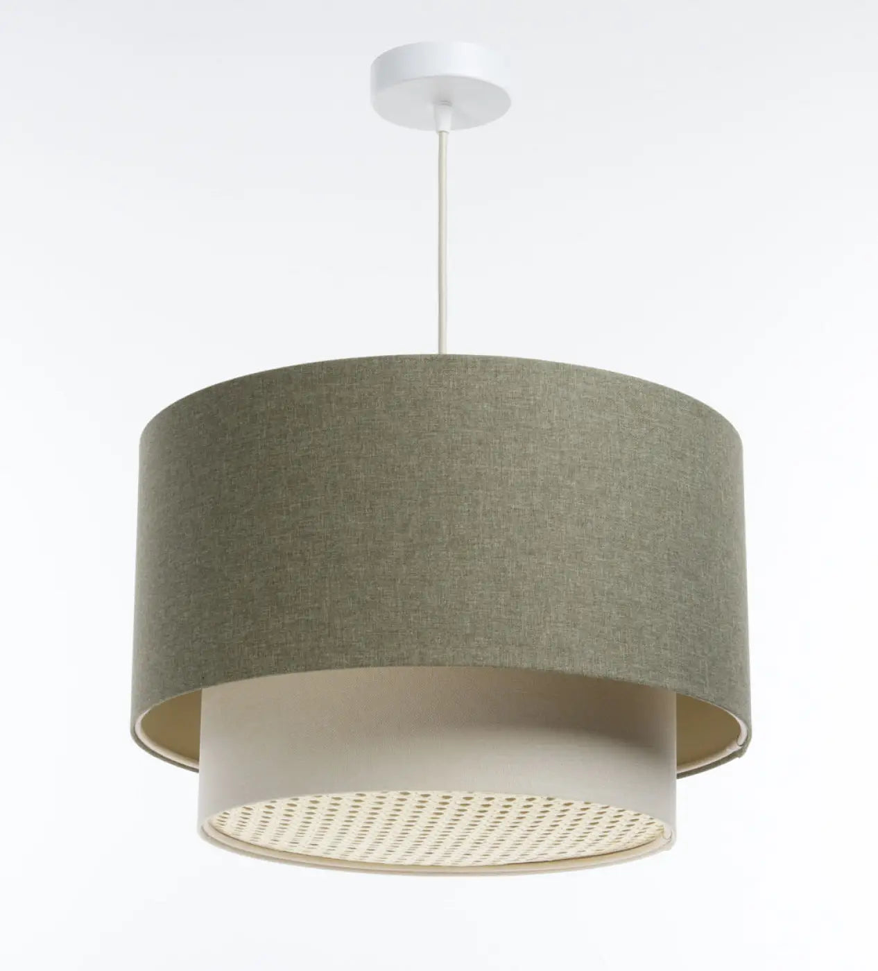 Suspension Luminaire en Tissu - Duo Rattan (Vert Gris/Crème/Ecru)
