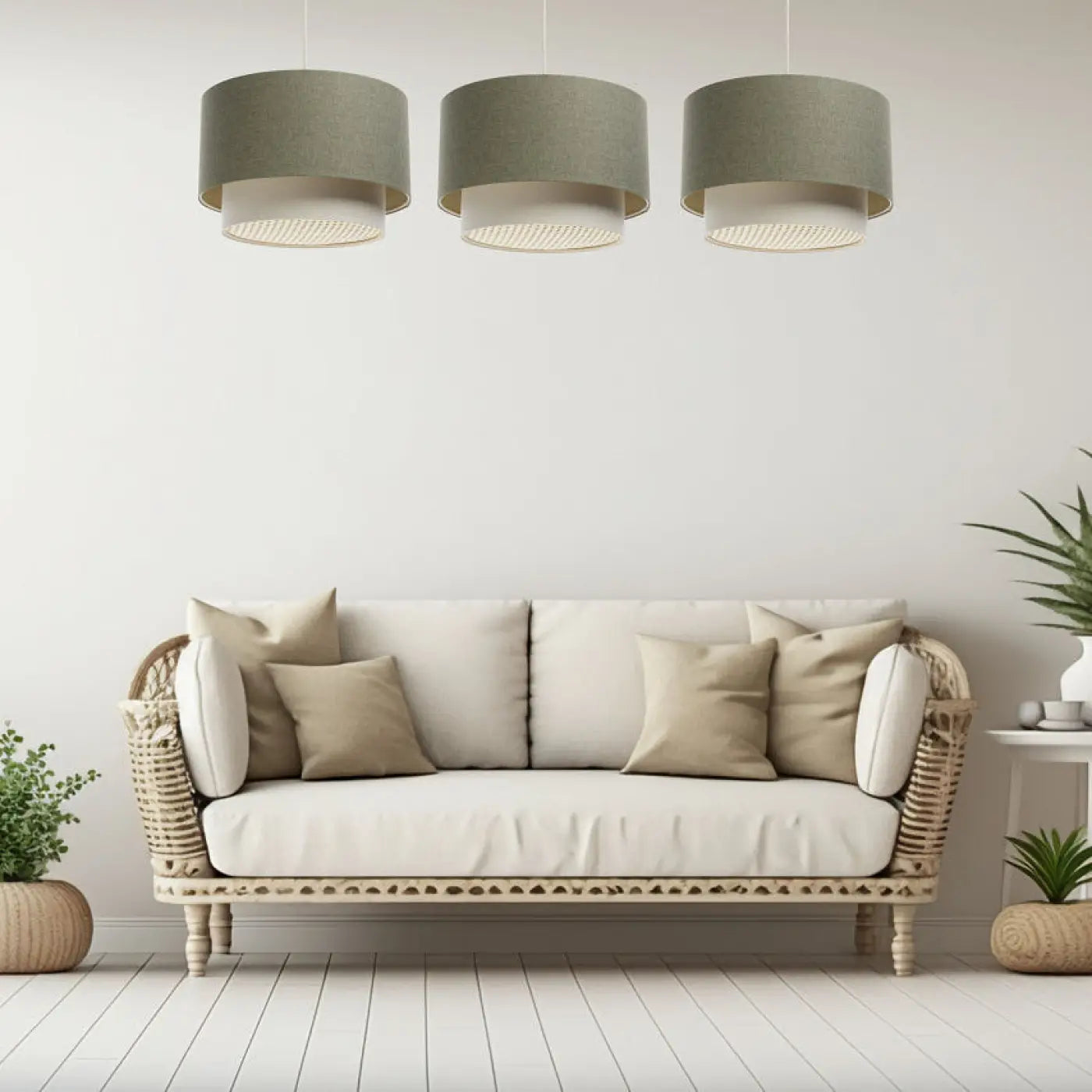 Suspension Luminaire en Tissu - Duo Rattan (Vert Gris/Crème/Ecru)