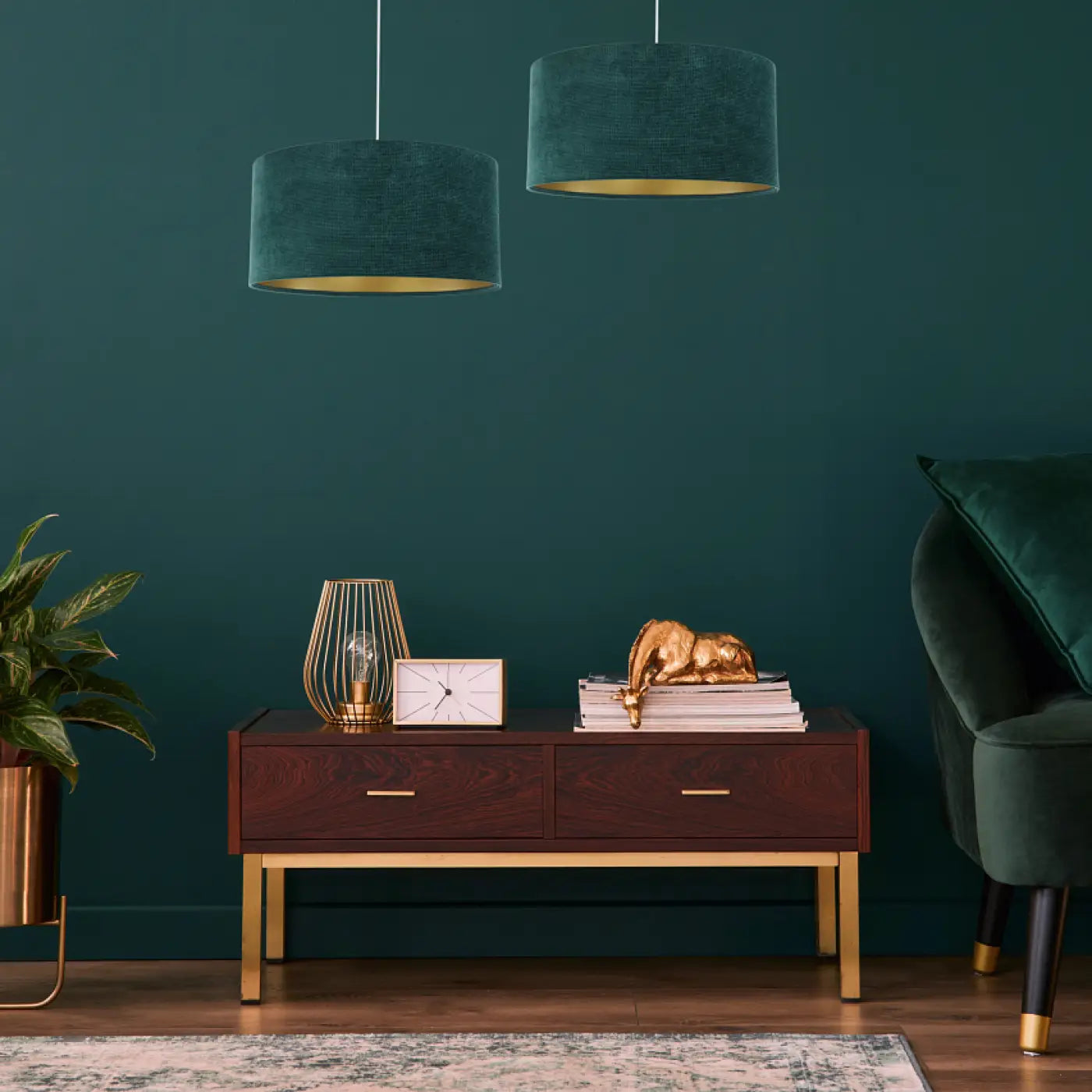 Suspension Luminaire Moderne en Tissu - Glamour Structural Velour (Vert/Doré)