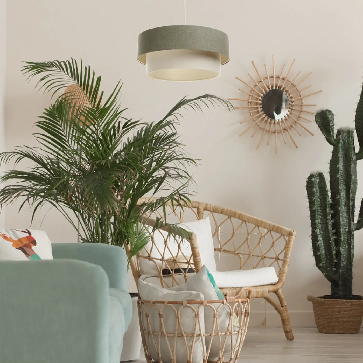 Suspension Luminaire Moderne en Tissu - Duo Boho Elegant (Vert Gris/Crème/Ecru)