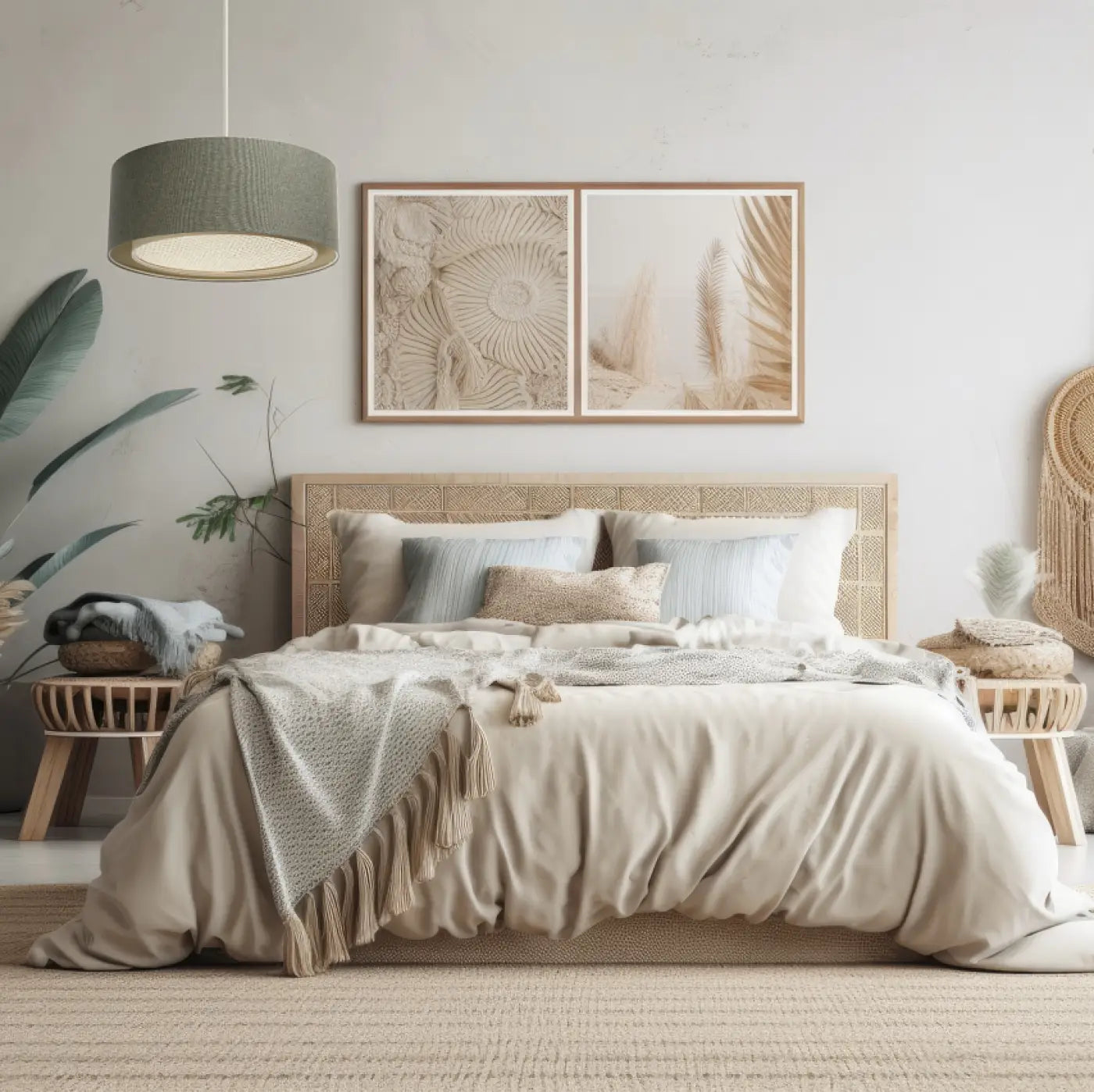 Suspension Luminaire en Tissu - Duo Boho Elegant (Gris Vert/Écru/Crème)