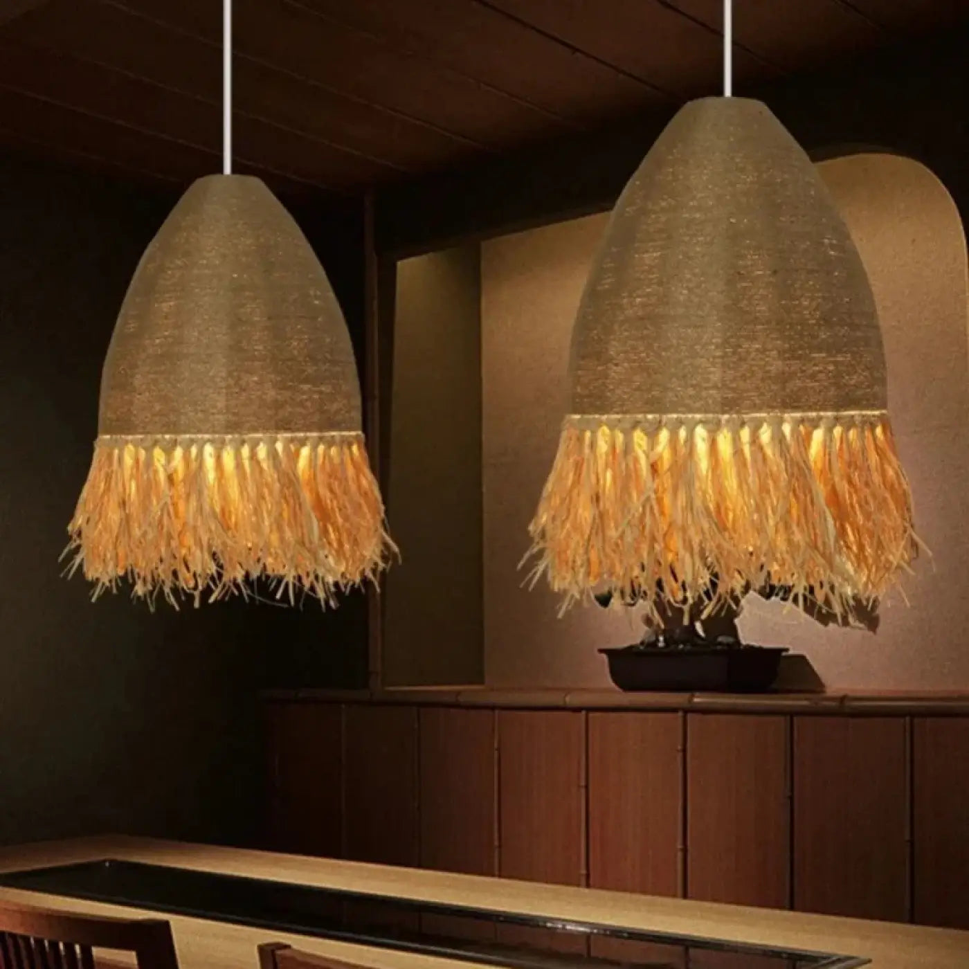 Suspension Luminaire Design en Rotin - Frange